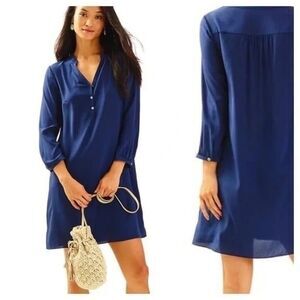 Lilly Pulitzer Delphine Navy Blue Silk Long Sleeve‎ Dress XS